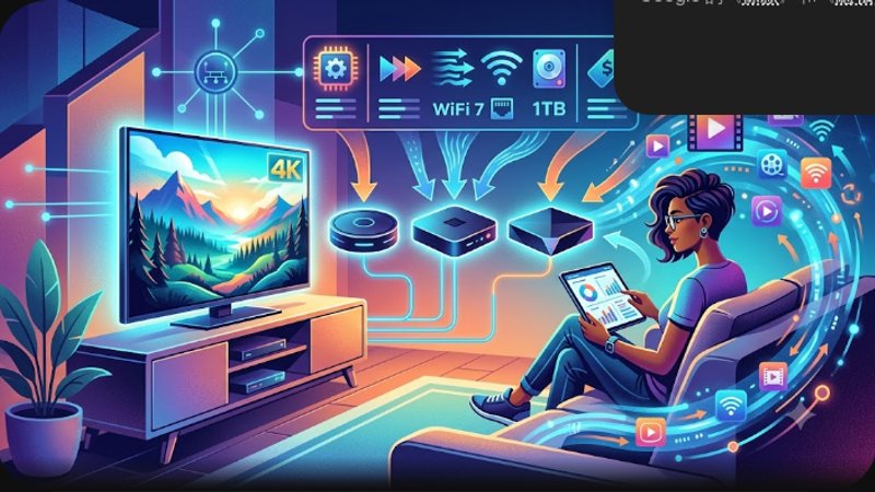 Современная иллюстрация ТВ-приставки для стриминга видео в формате 4K для статьи блога Tek100