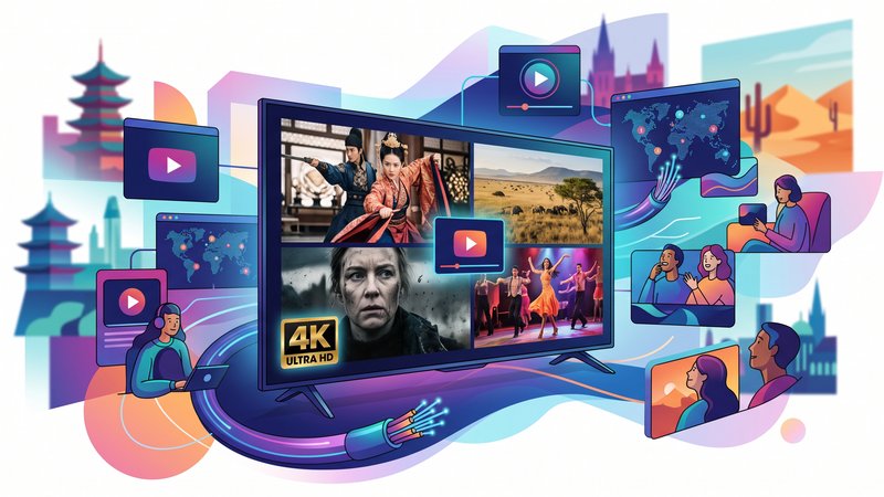 Современная иллюстрация с элементами цифрового телевидения и 4K-экранами для статьи о трендах сериалов 2026 года